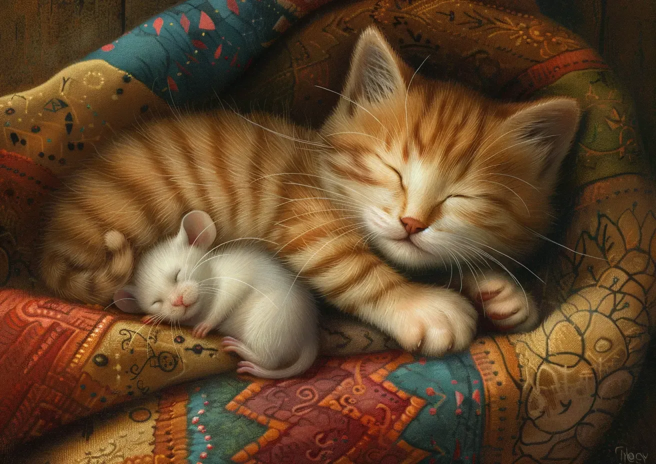 Cute Kitten and White Mouse Cuddle