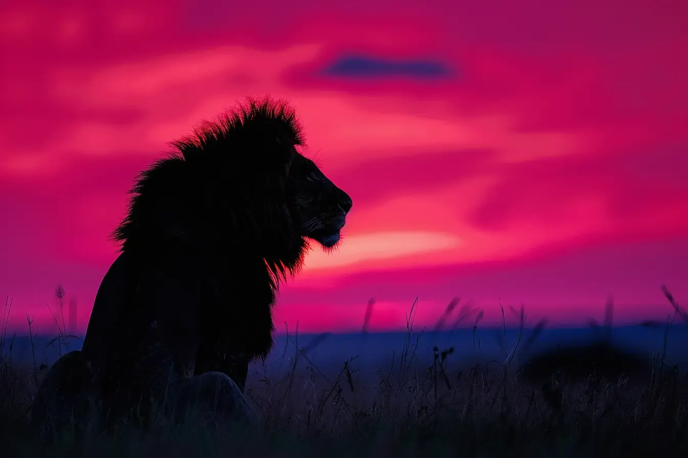 Lone Lion Silhouette at Surreal Sundown