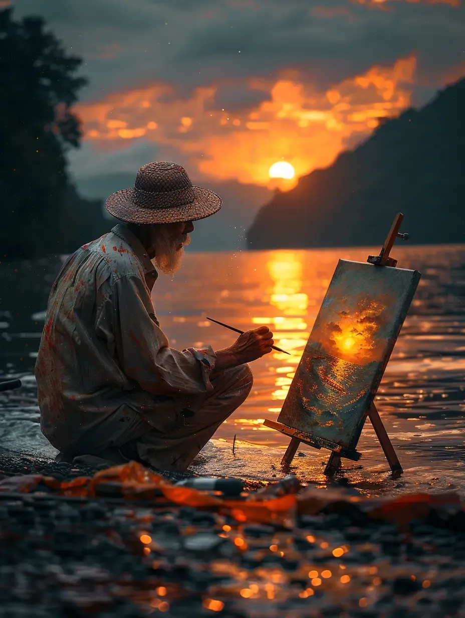 Old Man Painting Sunset