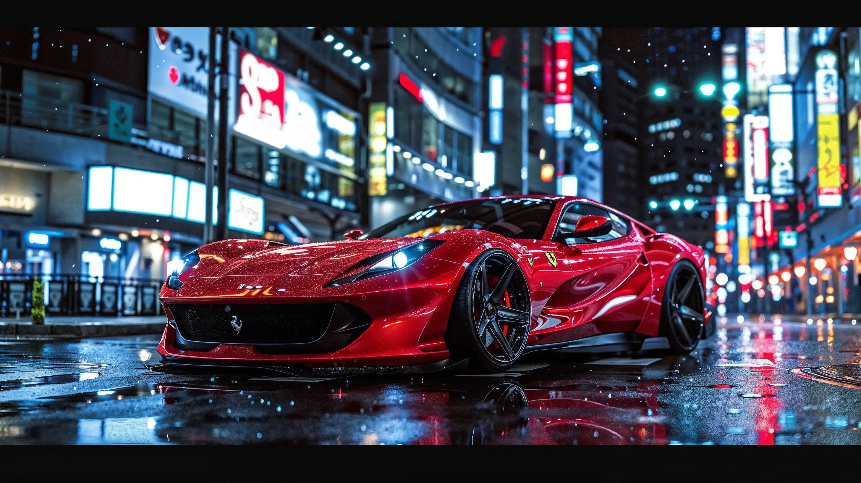 Red Ferrari in Urban City at Night