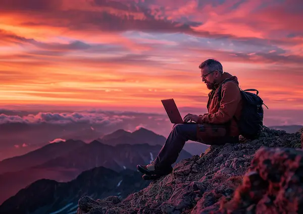A web developer on a mountain cliff during sunset